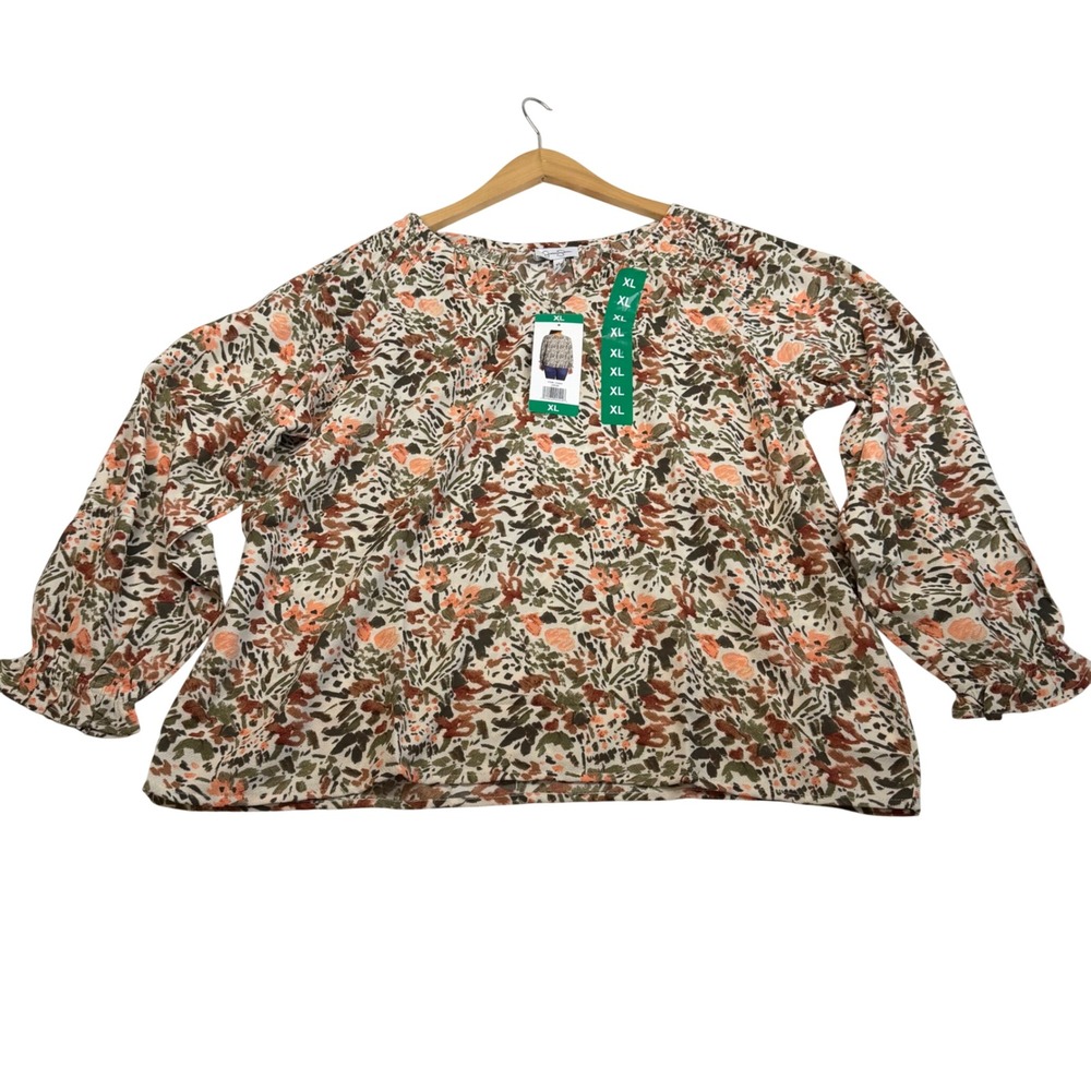 Jessica Simpson Floral V-Neck Blouse XL NWT Rust Olive Long Sleeve Ruffle Cuff